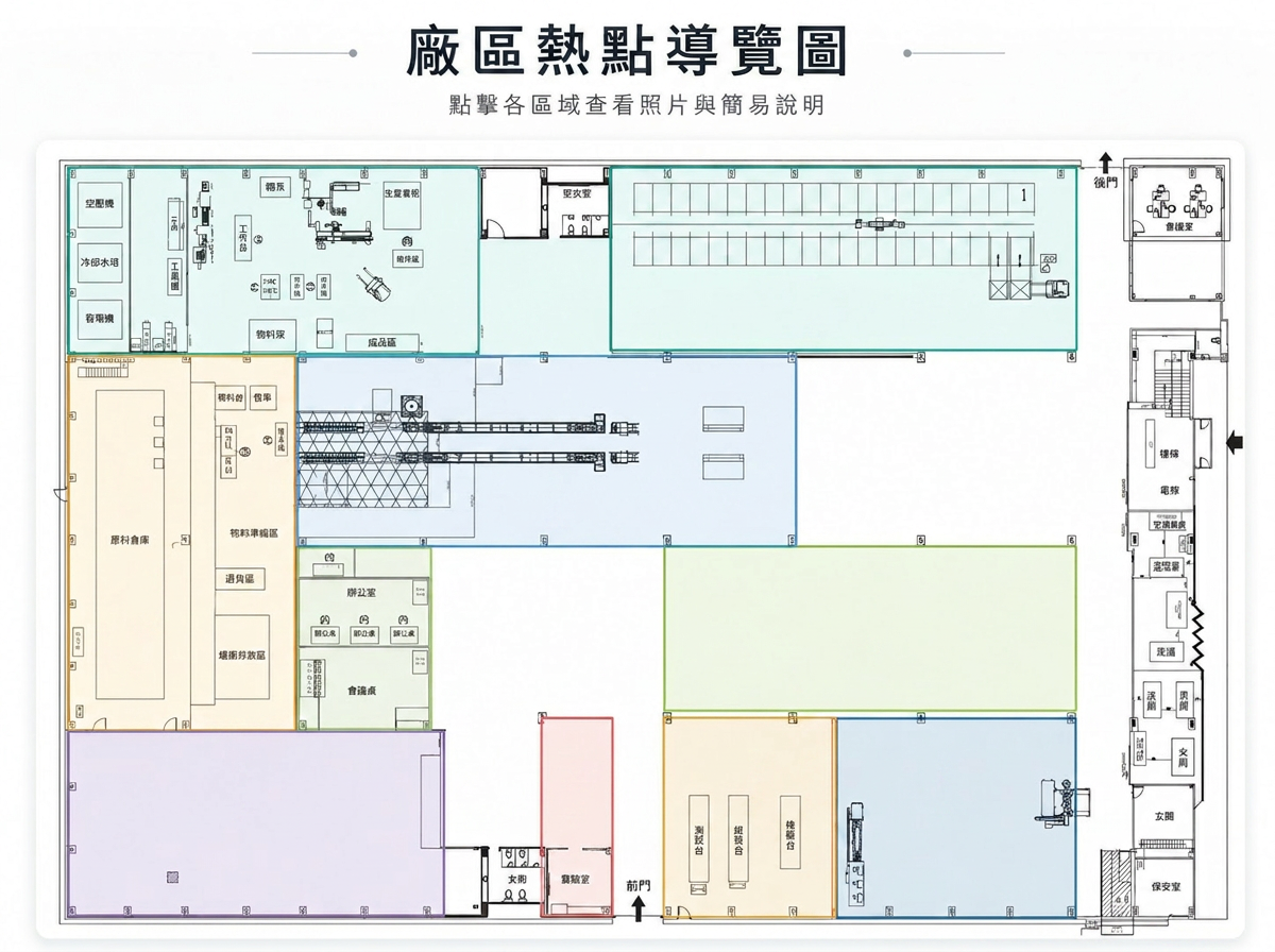 安能科技廠區熱點導覽圖，標示 1 到 8 區可點擊區域